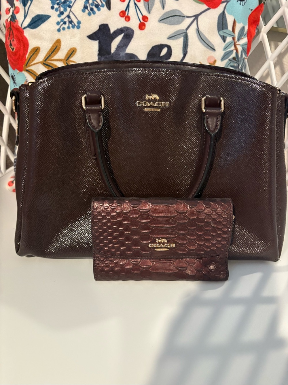 Authentic Coach burgundy Patent Leather Satchel with Matching Wallet